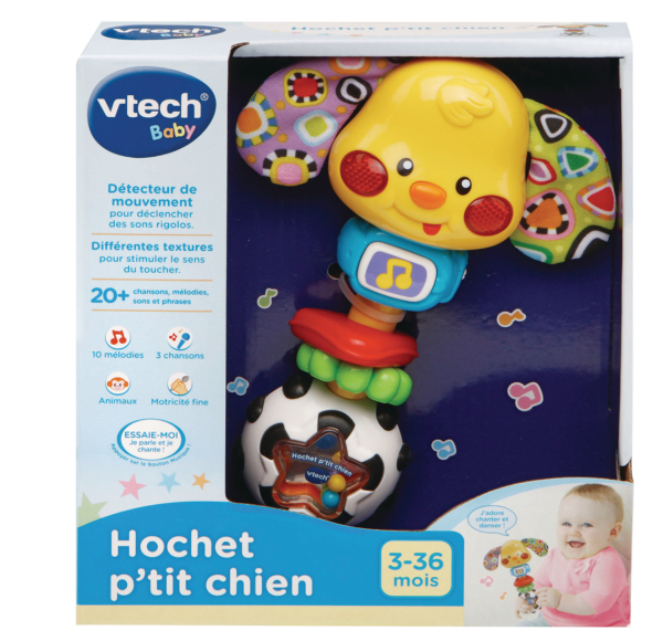 chien hochet Hochet pour bébé - VTECH - Chien Toby - Lumières et sons - Texture spéciale