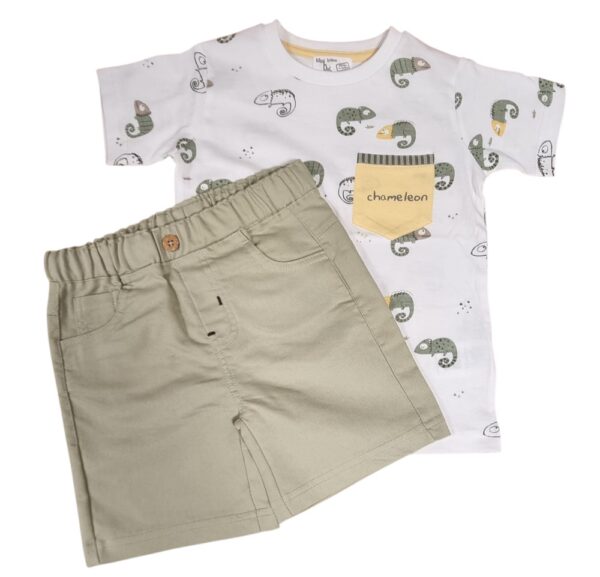 Ensemble T-shirt manches courtes chaméléon + bermuda vert kaki Baby Bol