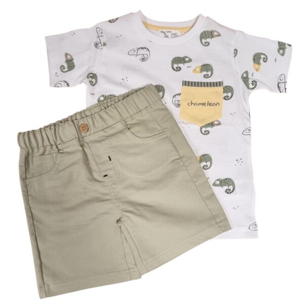 Ensemble T-shirt manches courtes chaméléon + bermuda vert kaki Baby Bol