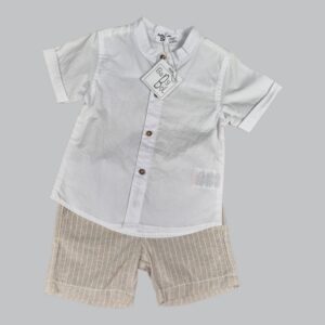 Ensemble bermuda rayé beige + Chemise manches courtes blanche Babybol