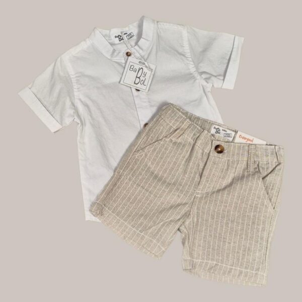 Ensemble bermuda rayé beige + Chemise manches courtes blanche Babybol
