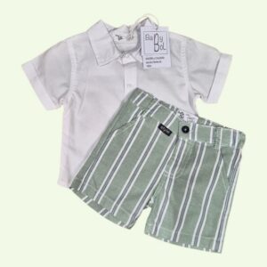 Ensemble bermuda rayé vert et chemise manches courtes blanche Babybol