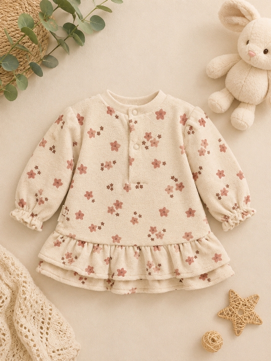dos robe beige Robe bébé fleurie écrue - Manches longues et volants - Babybol