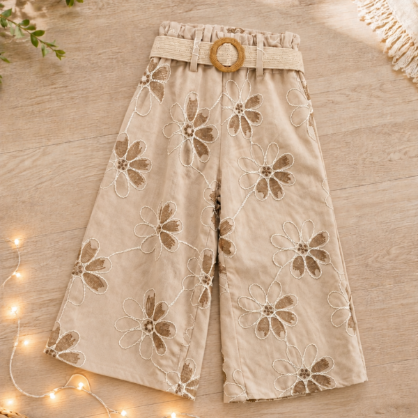 Pantalon large fleuri avec ceinture beige