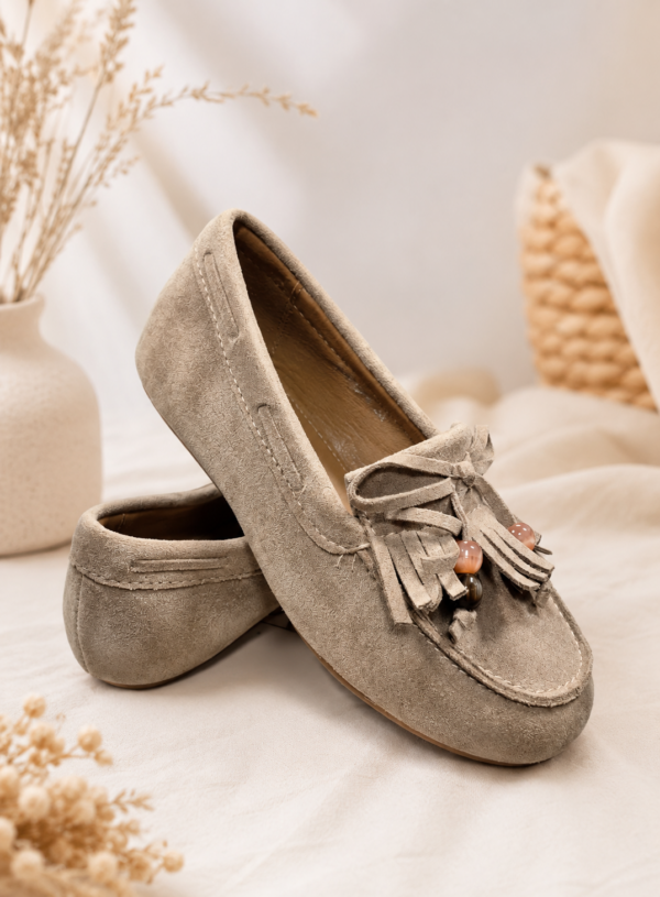 Mocassins taupe à pampilles et perles fille - DO RE MI