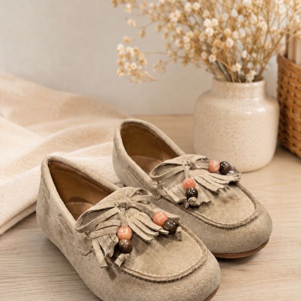 Mocassins taupe à pampilles et perles fille - DO RE MI