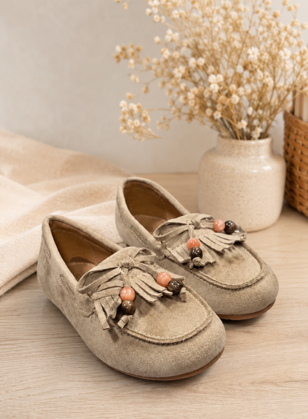 Mocassins taupe à pampilles et perles fille - DO RE MI