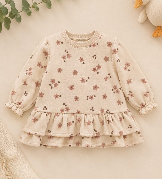Robe bébé fleurie écrue - Manches longues et volants - Babybol