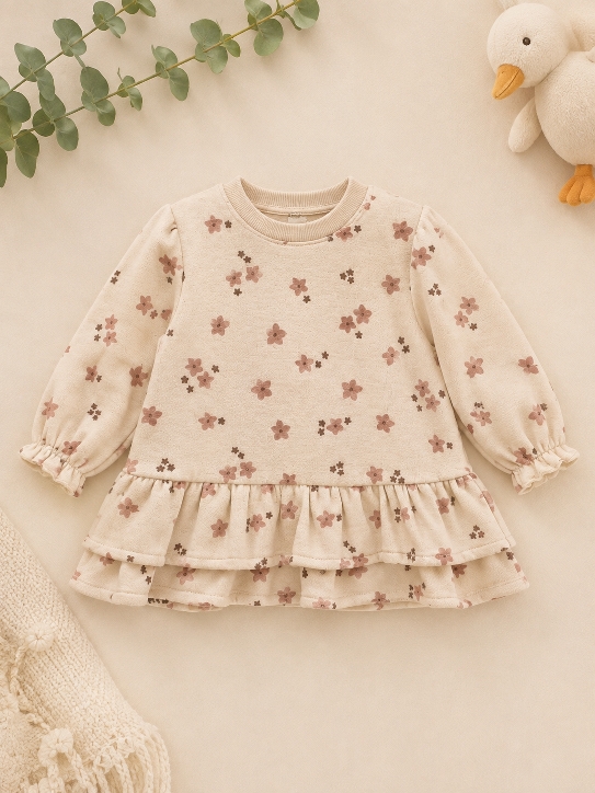 robe beige Robe bébé fleurie écrue - Manches longues et volants - Babybol