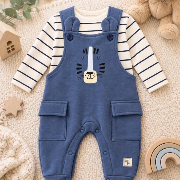 Ensemble bébé - salopette bleue en coton et t-shirt manches longues - Babybol