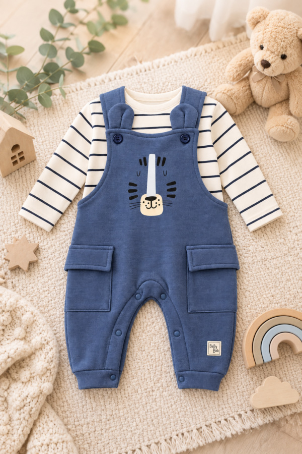 Ensemble bébé - salopette bleue en coton et t-shirt manches longues - Babybol